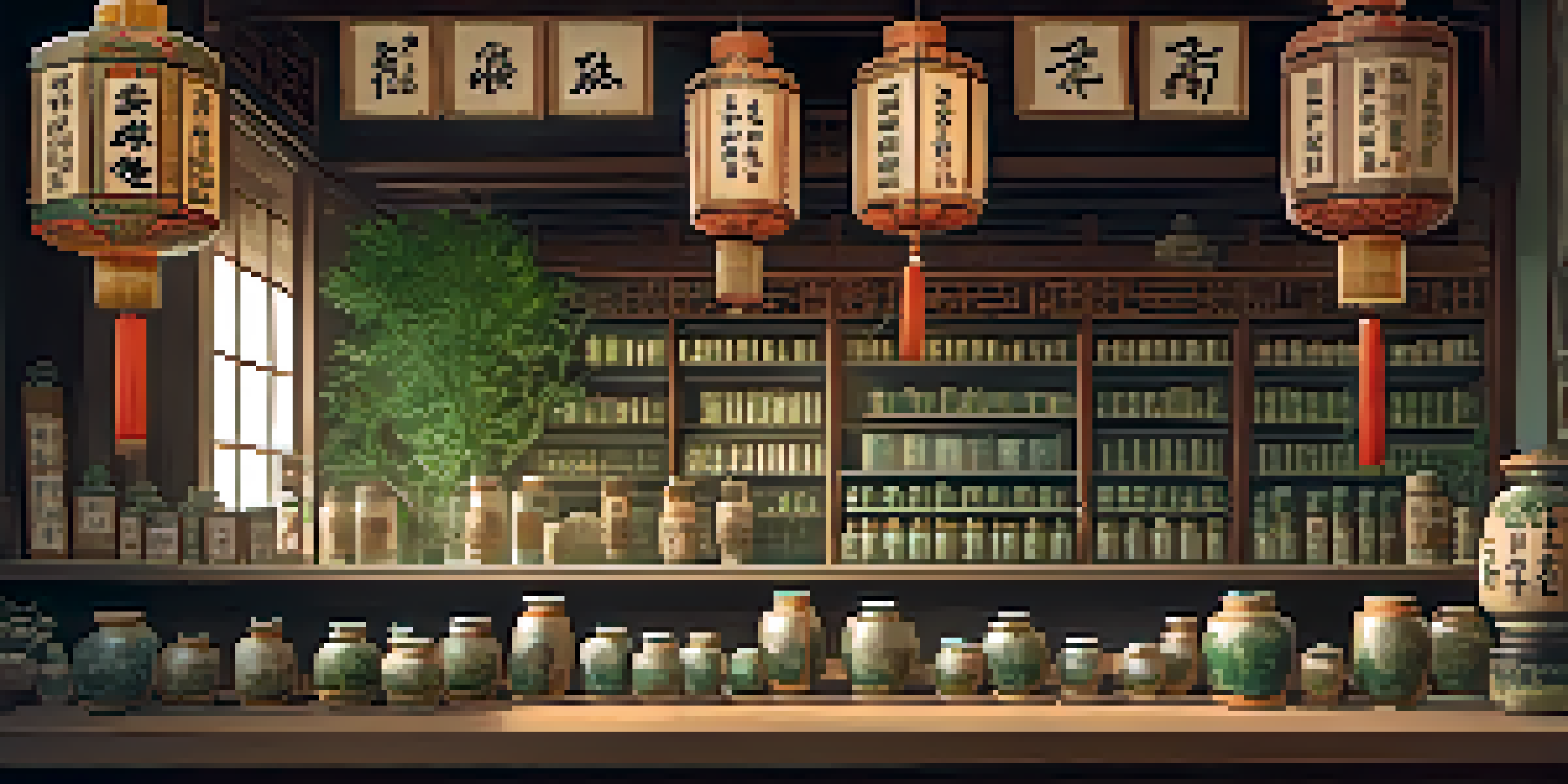 A tranquil ancient Chinese herbal medicine shop filled with dried herbs and a wooden counter showcasing herbal remedies.