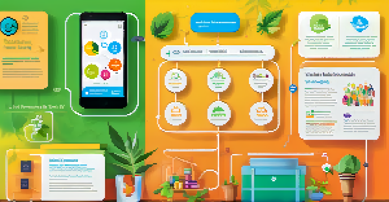An infographic illustrating the benefits of a cannabis app with icons and text about tracking consumption, community insights, and health tracking, on a colorful background.