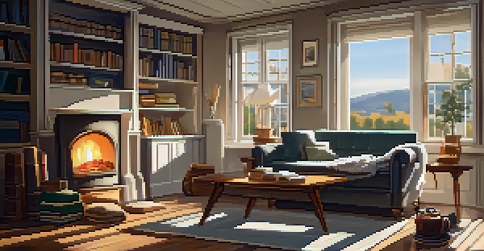 A cozy living room scene with a couch, blanket, and tea, illuminated by natural light from a window.