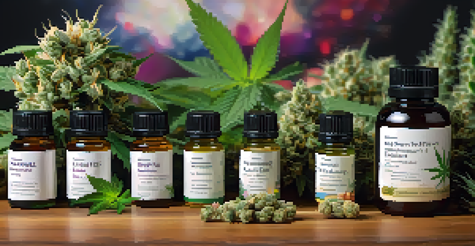 A close-up display of various cannabis products including oils, edibles, and flowers on a wooden table.