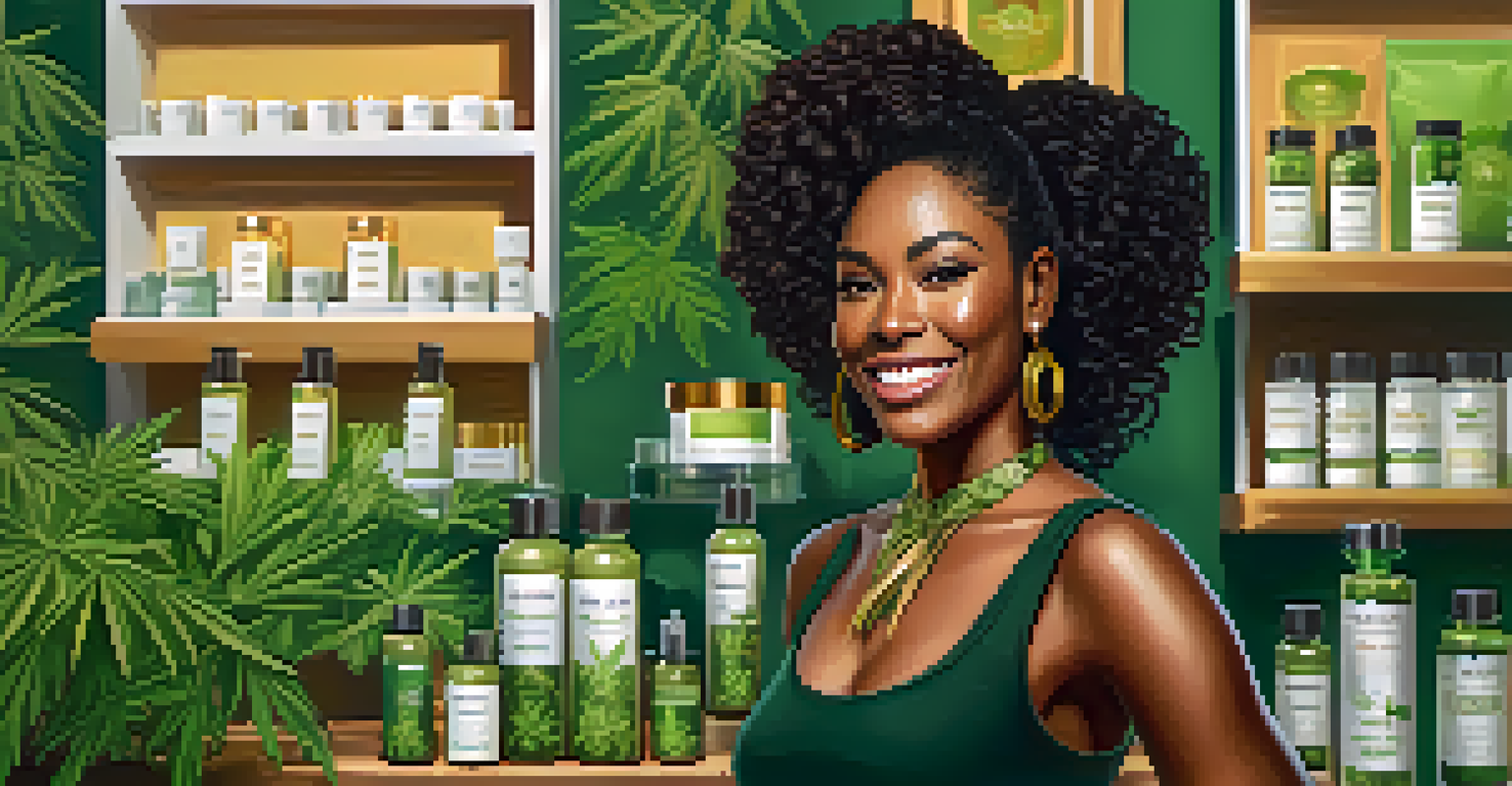 A portrait of a confident Black woman entrepreneur in her cannabis shop, smiling and showcasing her products in a well-decorated environment.