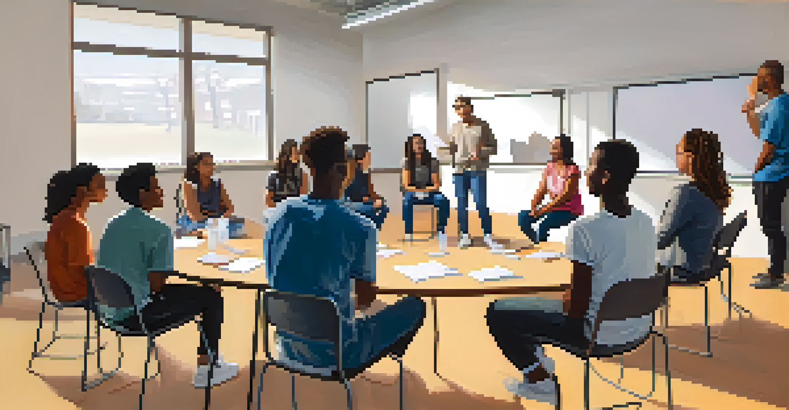 A group of young adults in a bright workshop discussing peer pressure and healthy choices in a supportive setting.
