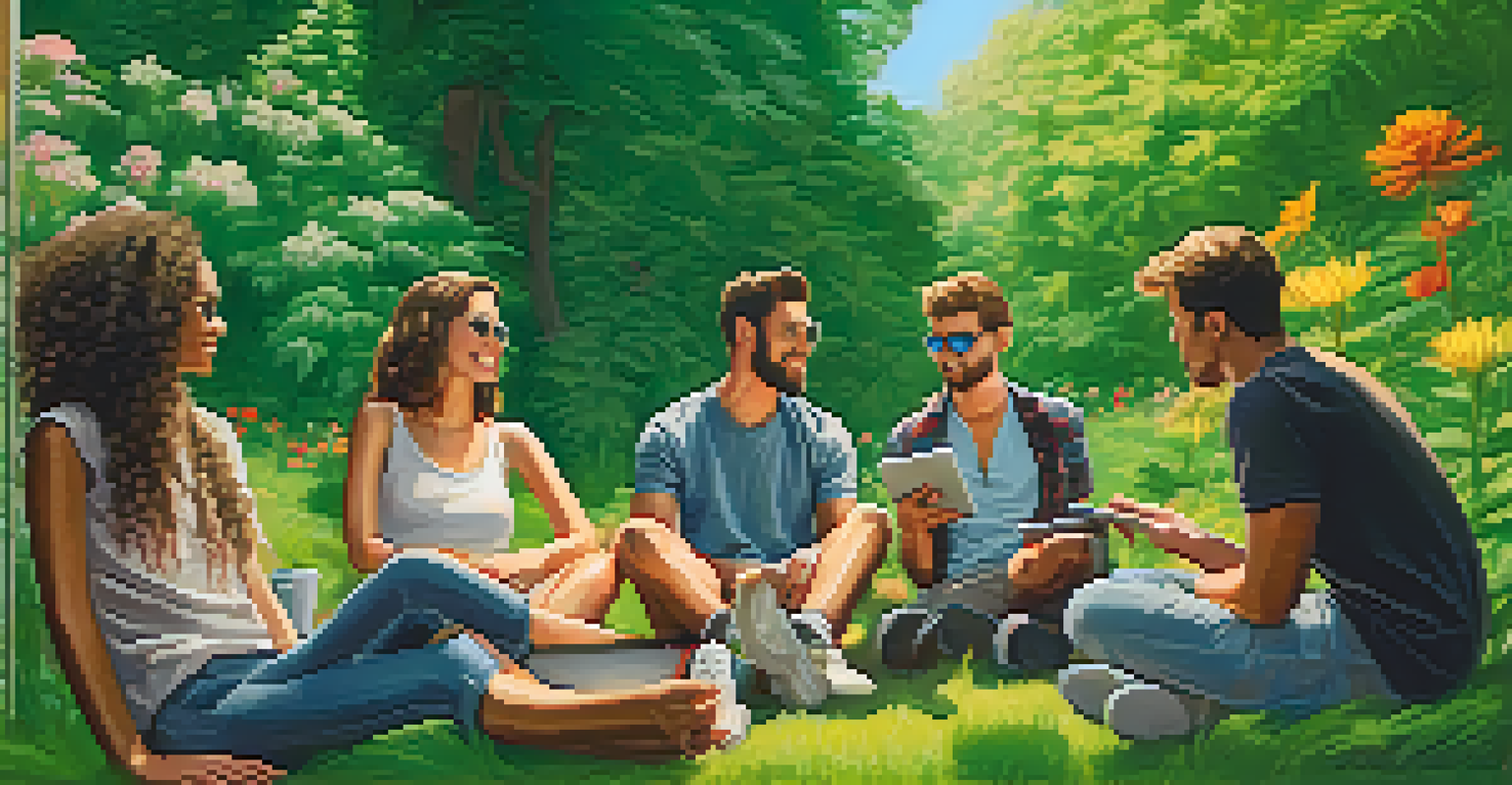 A group of friends in a park discussing marijuana, with one friend showing educational content on a tablet amidst a backdrop of greenery.