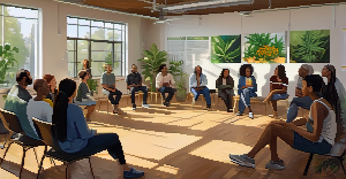A diverse group of people in a community workshop discussing marijuana use, seated in a circle in a bright room with plants and educational posters.