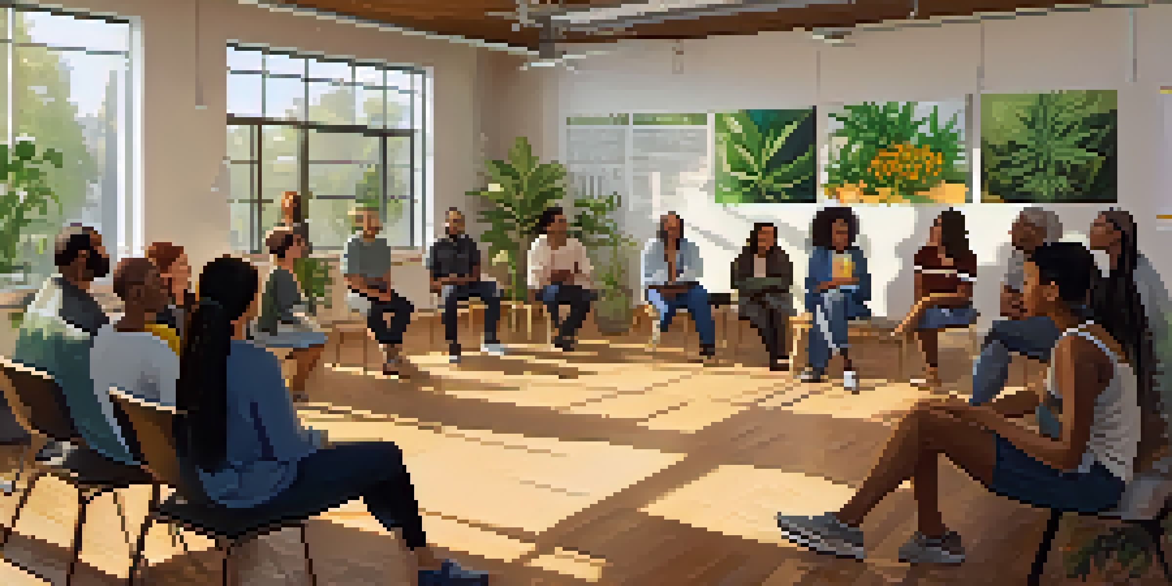 A diverse group of people in a community workshop discussing marijuana use, seated in a circle in a bright room with plants and educational posters.