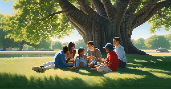 A diverse group of people talking supportively under a tree, with sunlight filtering through the leaves.