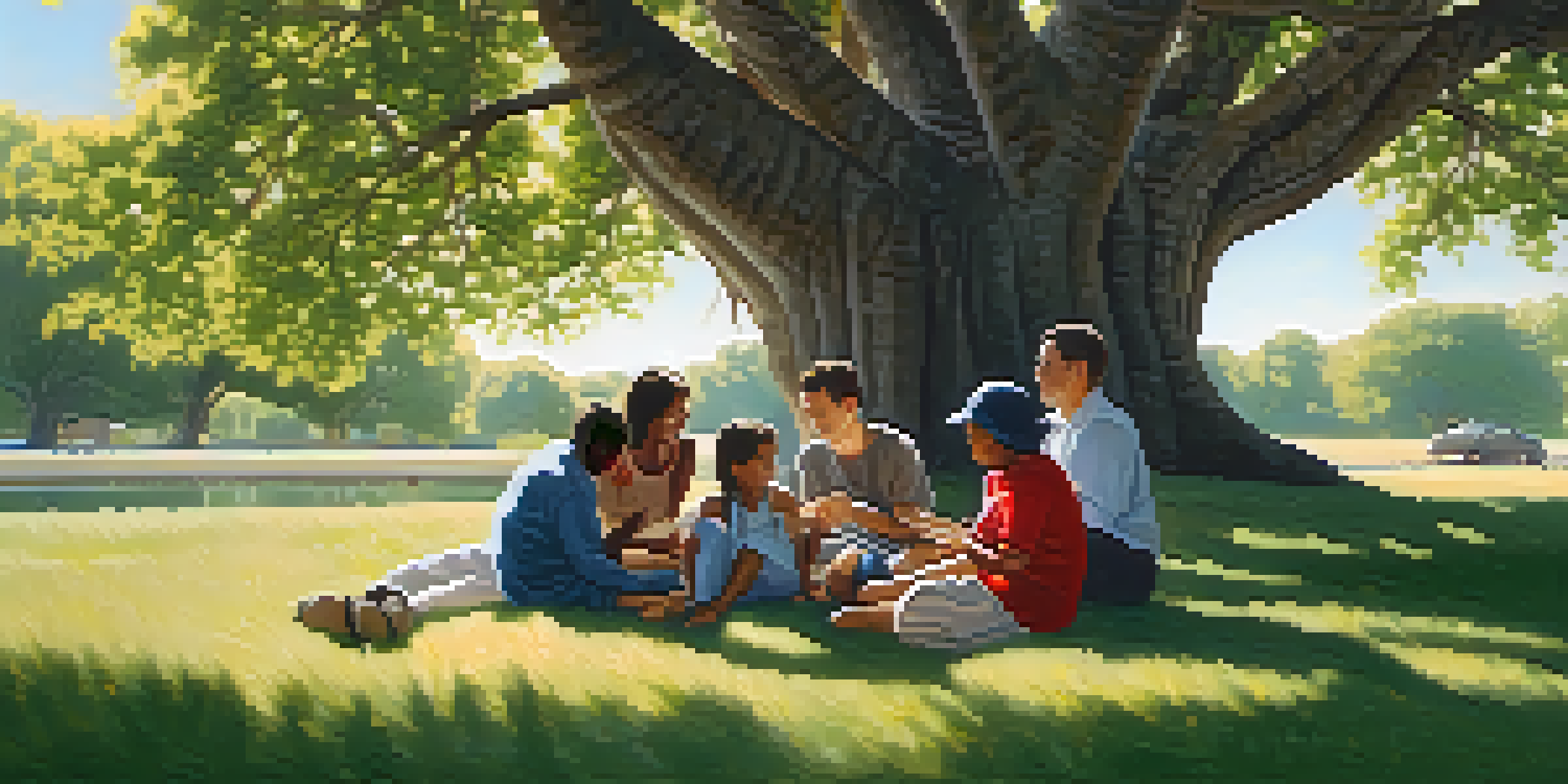 A diverse group of people talking supportively under a tree, with sunlight filtering through the leaves.