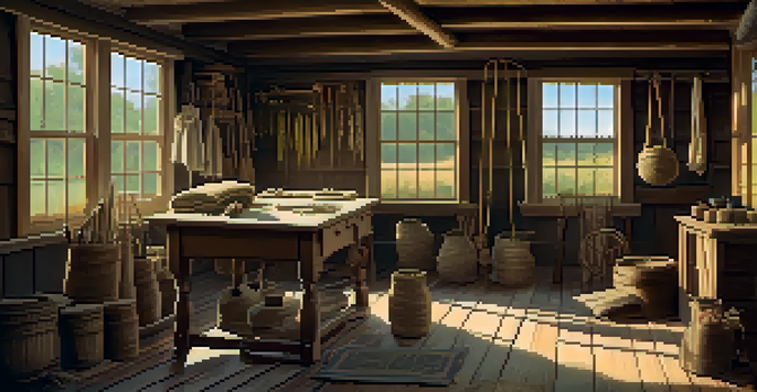 A colonial American workshop showcasing hemp products like ropes and clothing, illuminated by sunlight.