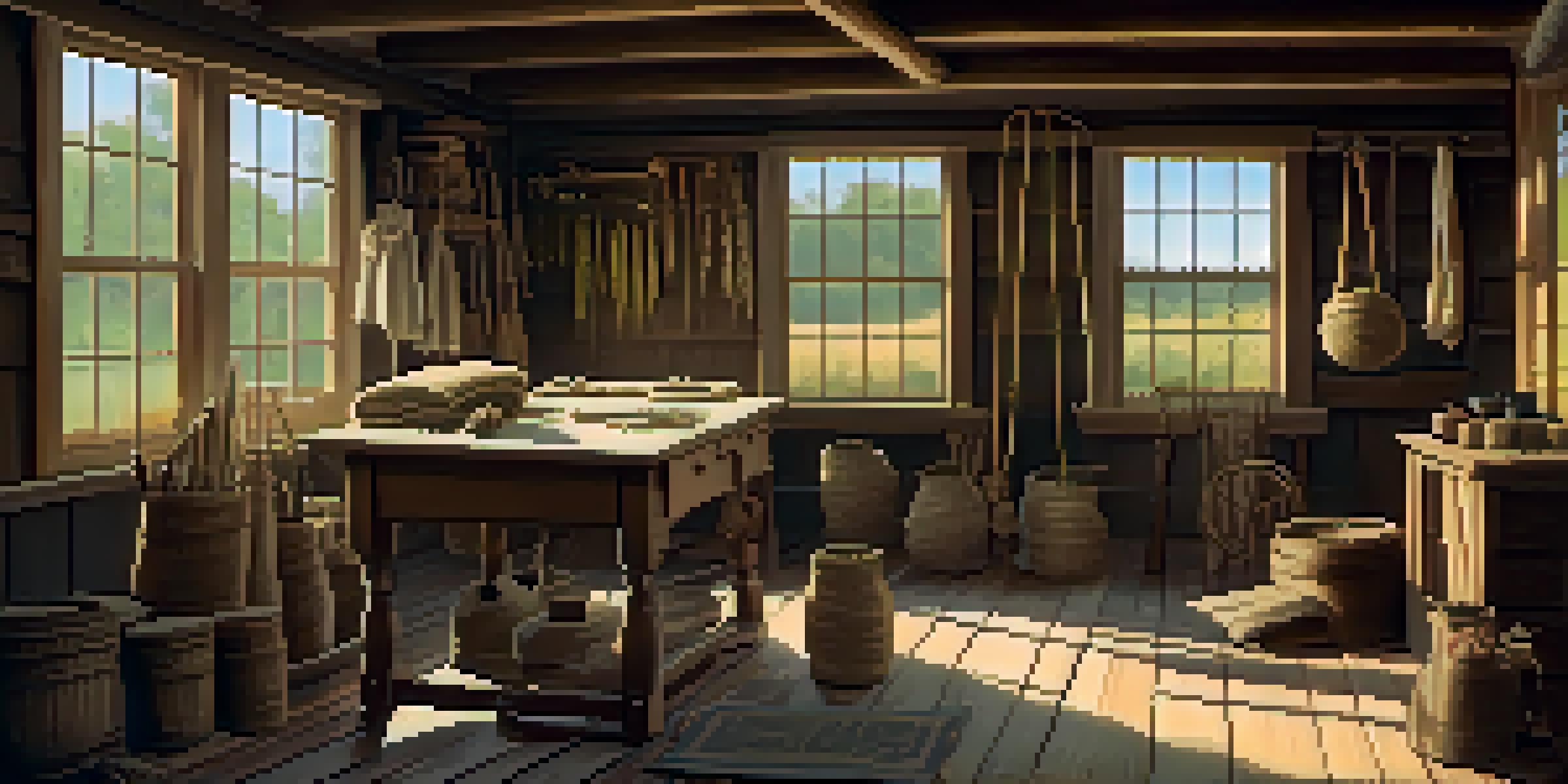 A colonial American workshop showcasing hemp products like ropes and clothing, illuminated by sunlight.