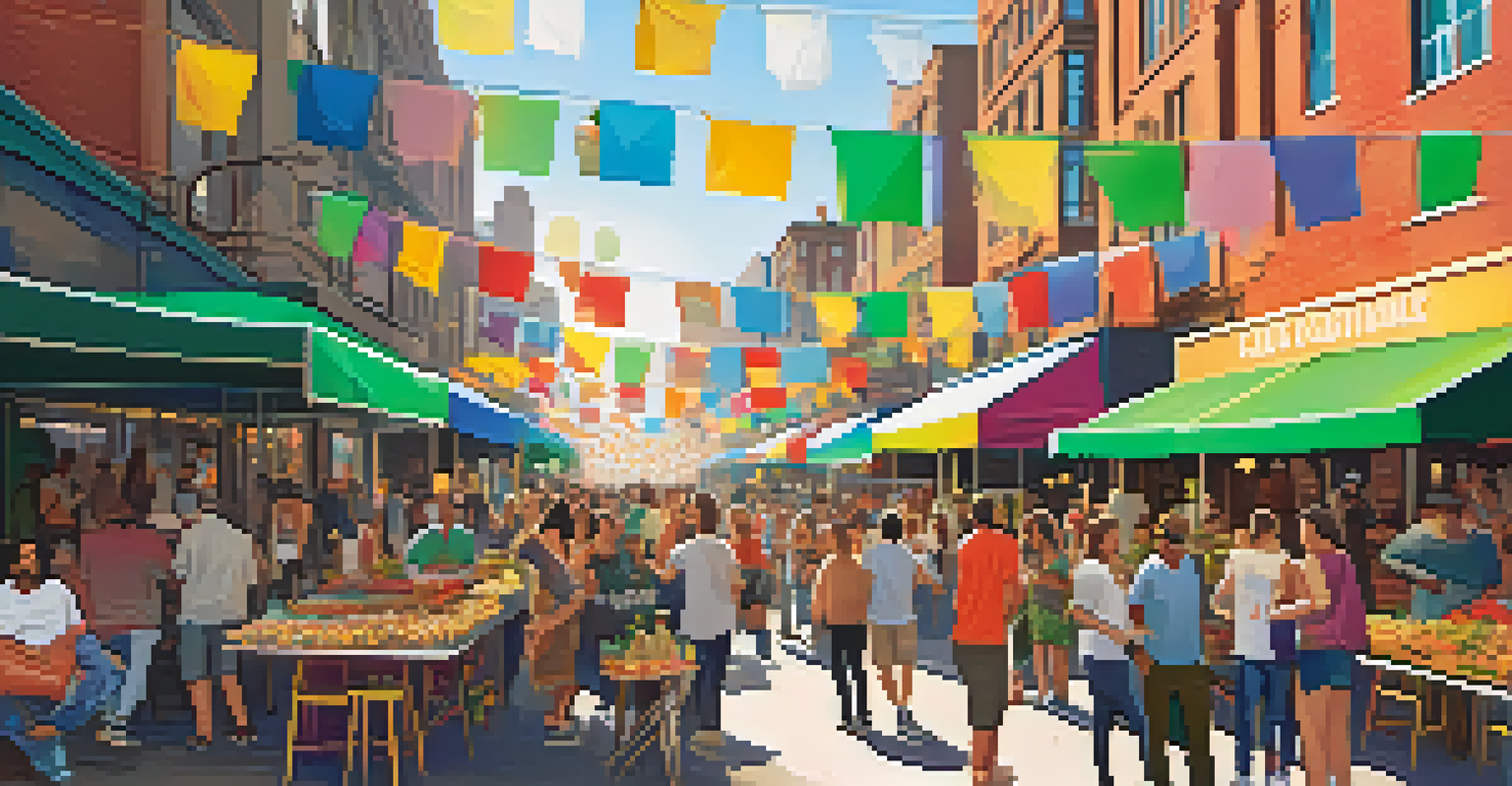 A city street festival scene with a designated area for cannabis consumption, people enjoying snacks and socializing under colorful decorations.