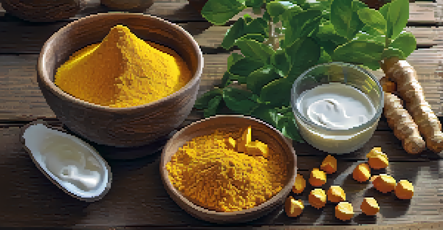 A creative display of turmeric, probiotics in yogurt, and Vitamin D supplements on a rustic wooden table with sunlight streaming in.