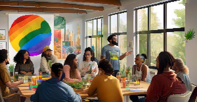 A community space with diverse individuals discussing cannabis education, decorated with colorful artwork and a banner.