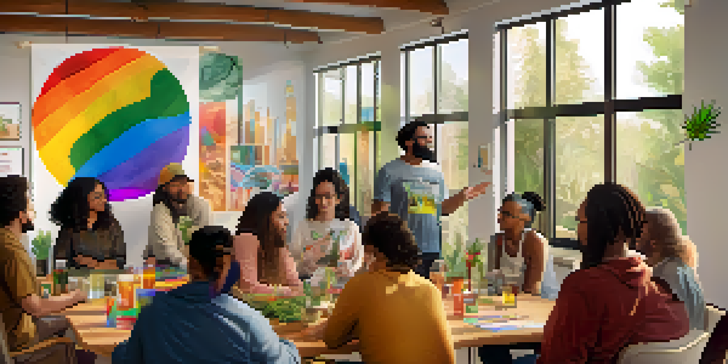 A community space with diverse individuals discussing cannabis education, decorated with colorful artwork and a banner.