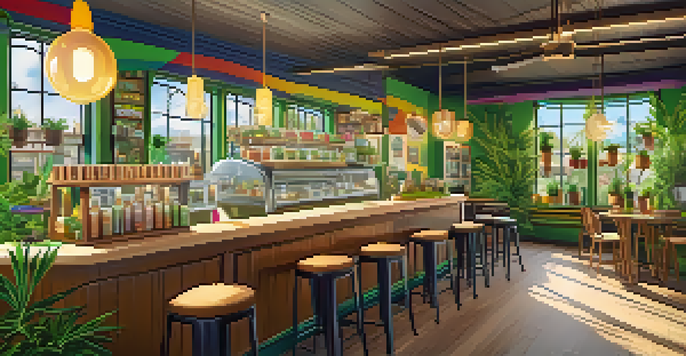 A cozy cannabis-themed café with green plants and wooden furniture, sunlight streaming through windows, and customers chatting.