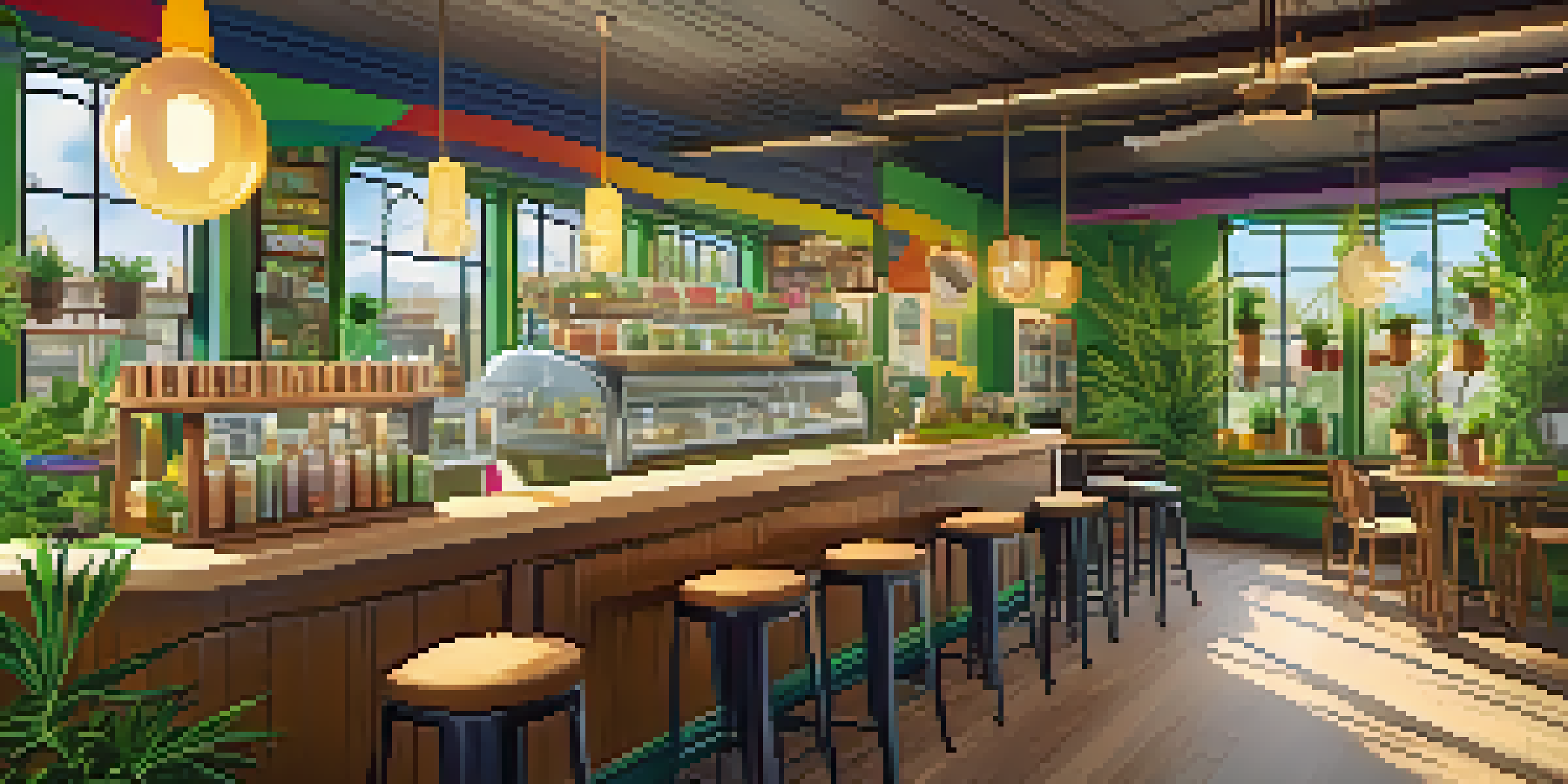 A cozy cannabis-themed café with green plants and wooden furniture, sunlight streaming through windows, and customers chatting.