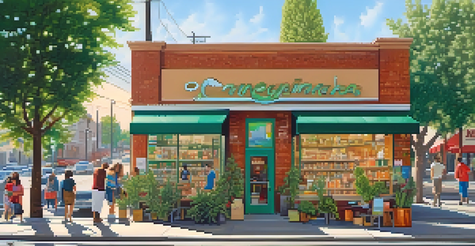 A busy street scene featuring a marijuana dispensary with glass windows and diverse customers interacting with staff.