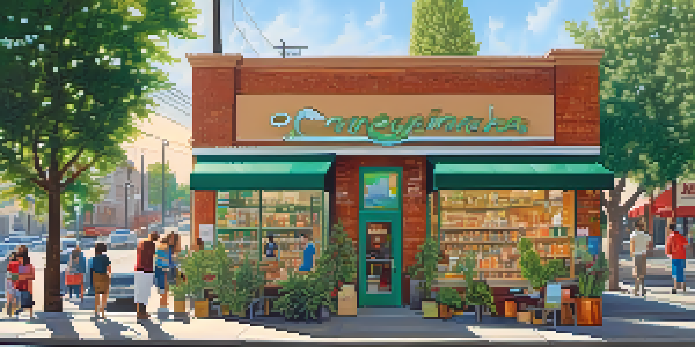 A busy street scene featuring a marijuana dispensary with glass windows and diverse customers interacting with staff.