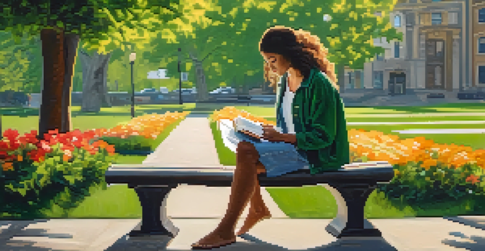 A person reading a mental health book on a park bench, surrounded by lush greenery and colorful flowers in a warm, sunny atmosphere.