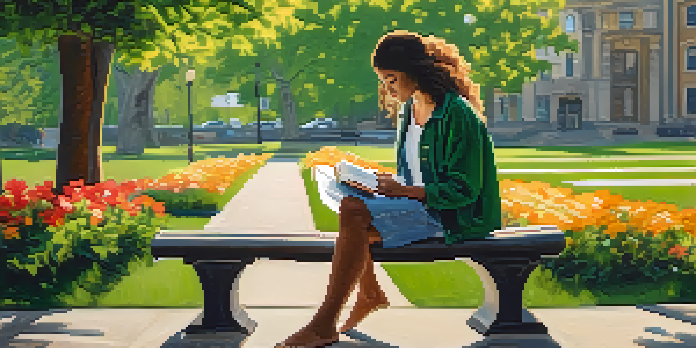 A person reading a mental health book on a park bench, surrounded by lush greenery and colorful flowers in a warm, sunny atmosphere.