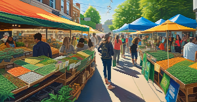 An outdoor market filled with colorful cannabis products and diverse people interacting with vendors under sunlight filtering through trees.