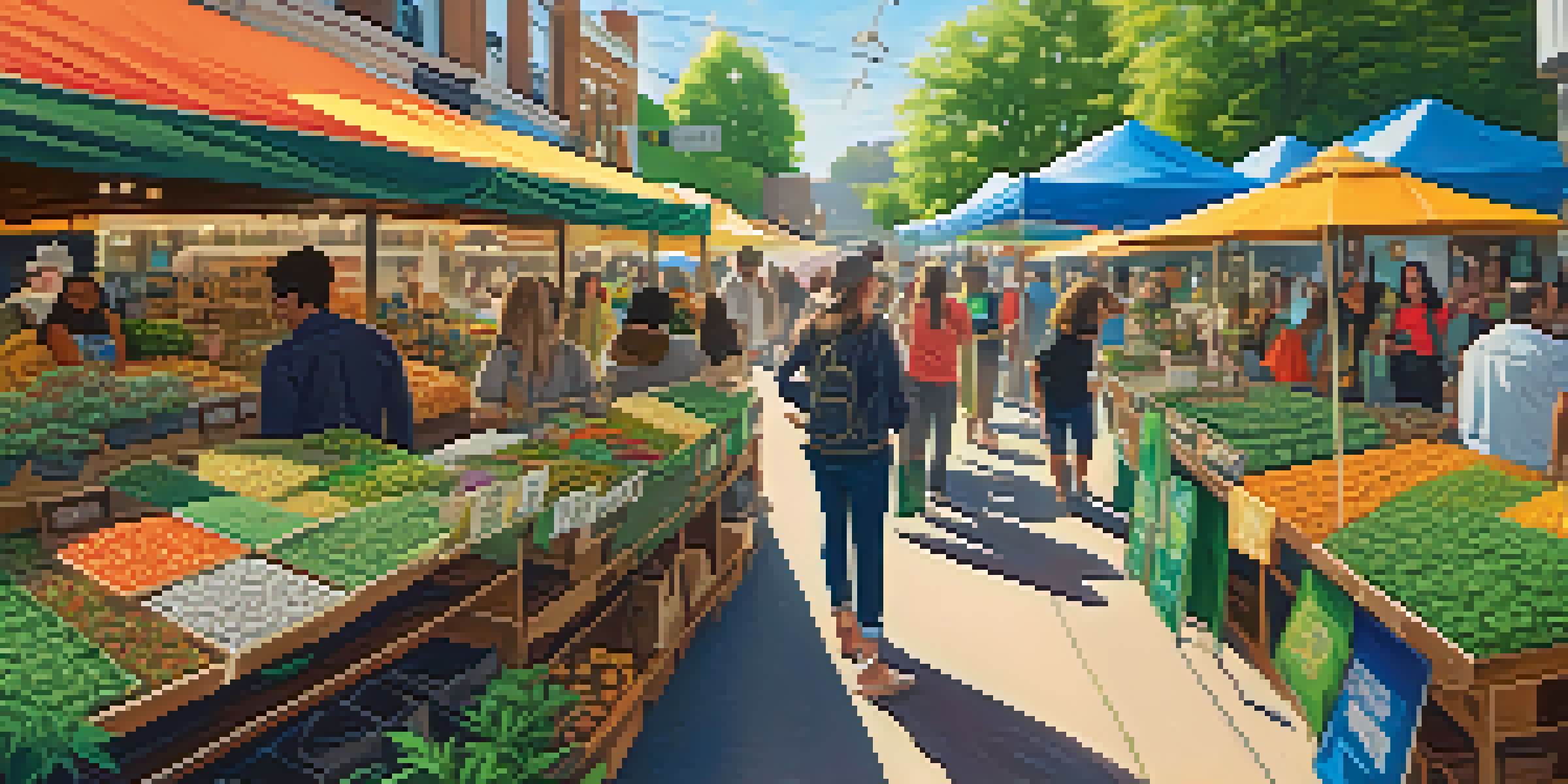 An outdoor market filled with colorful cannabis products and diverse people interacting with vendors under sunlight filtering through trees.