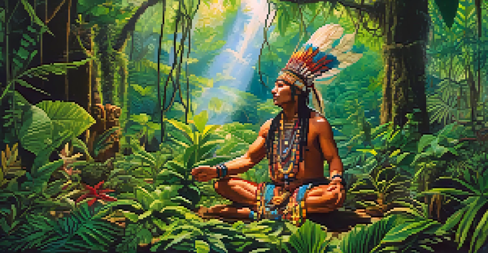 A traditional shaman preparing herbal mixtures in the Amazon rainforest, surrounded by lush greenery and sunlight.