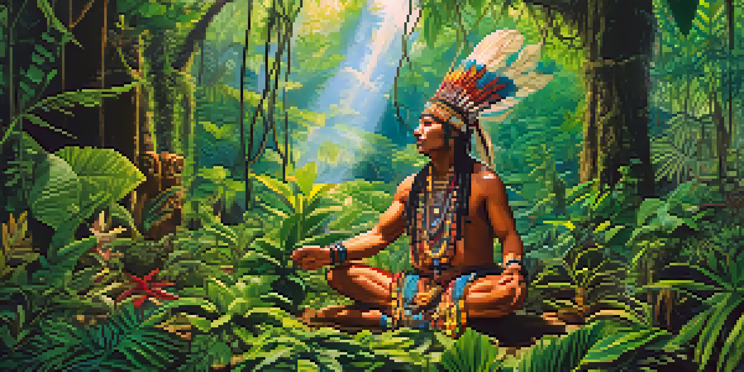 A traditional shaman preparing herbal mixtures in the Amazon rainforest, surrounded by lush greenery and sunlight.