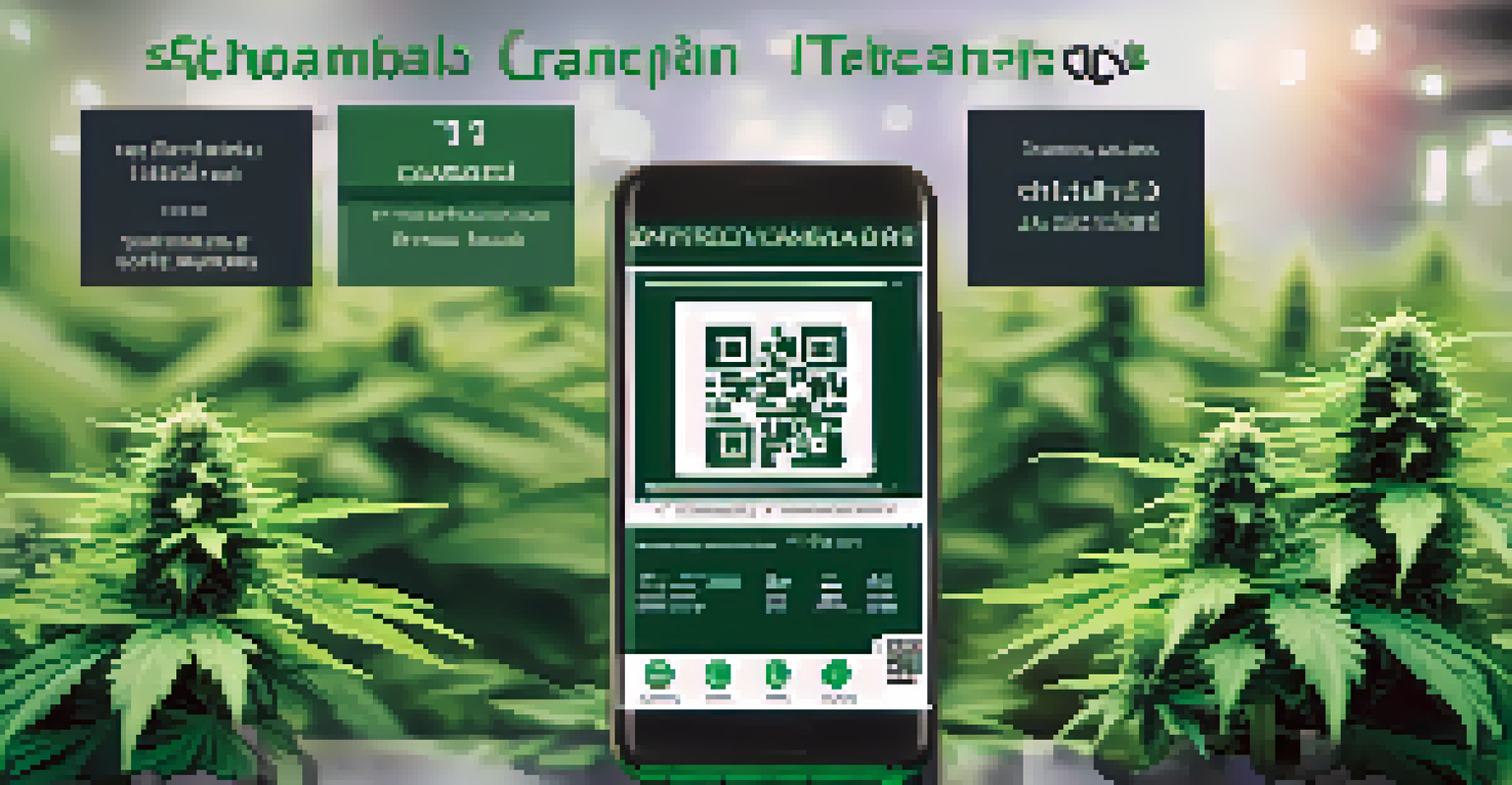 A close-up of a blockchain interface for cannabis traceability, featuring a QR code and images of cannabis plants.