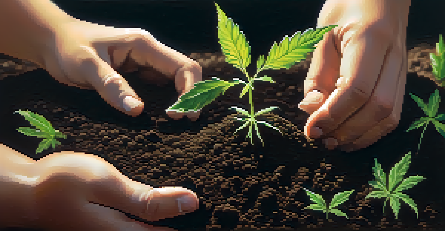 Close-up of hands planting a young cannabis seedling in dark soil with sunlight filtering through.