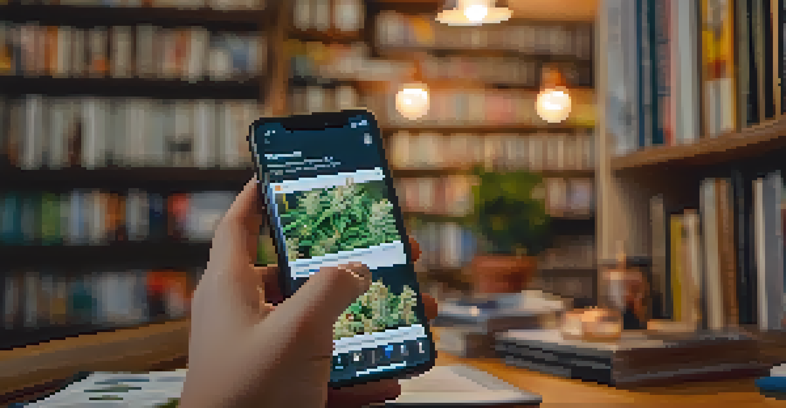 A young person holding a smartphone, scrolling through social media posts about marijuana use, in a cozy room with bookshelves.
