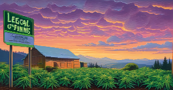 A cannabis farm at sunset with vibrant green plants and a colorful sky.