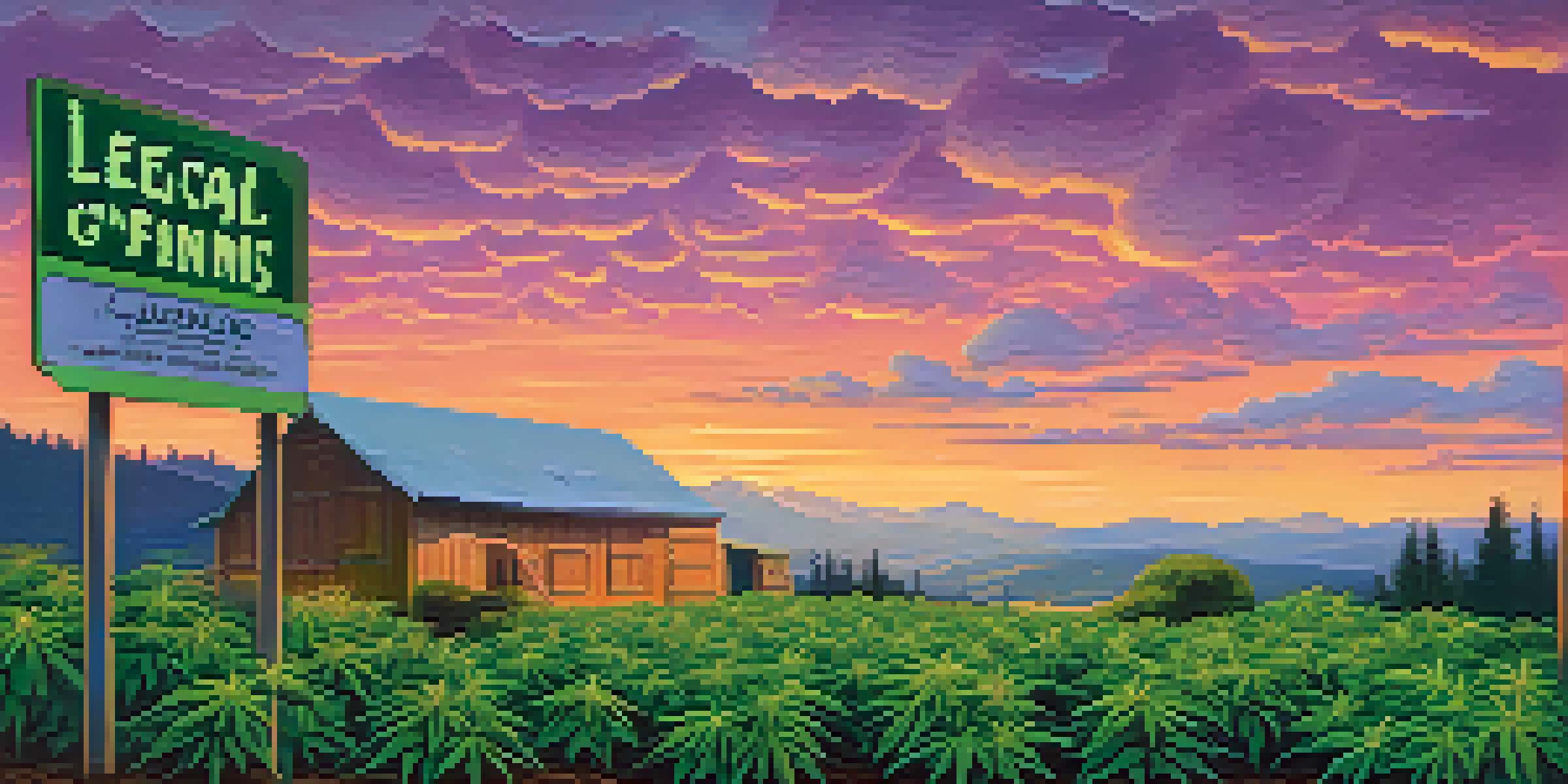 A cannabis farm at sunset with vibrant green plants and a colorful sky.