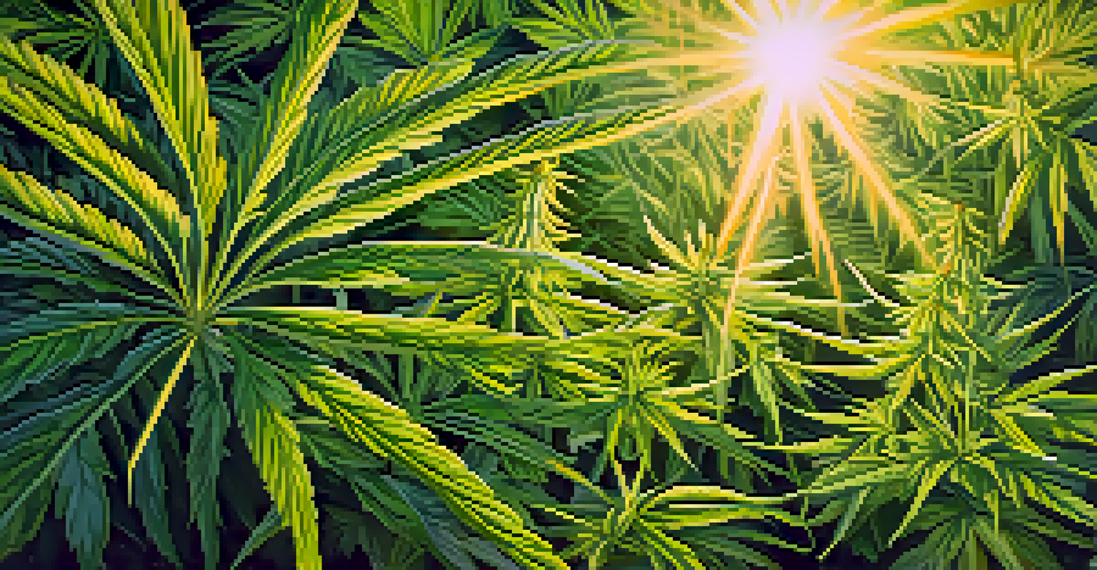 Close-up view of cannabis plants with vibrant leaves and budding flowers in sunlight.