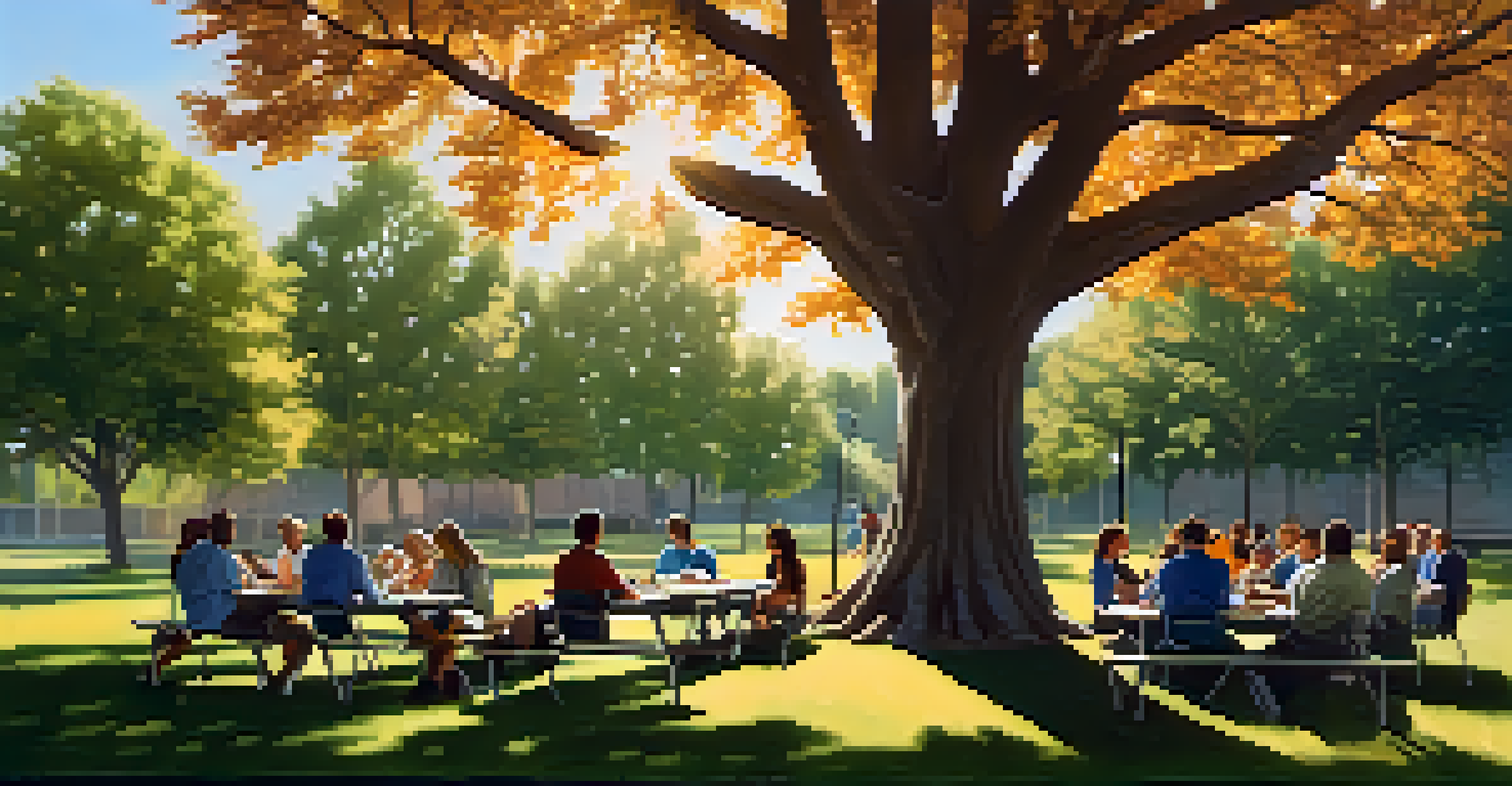 League officials and athletes discussing marijuana policies outdoors under a tree, creating a collaborative atmosphere.