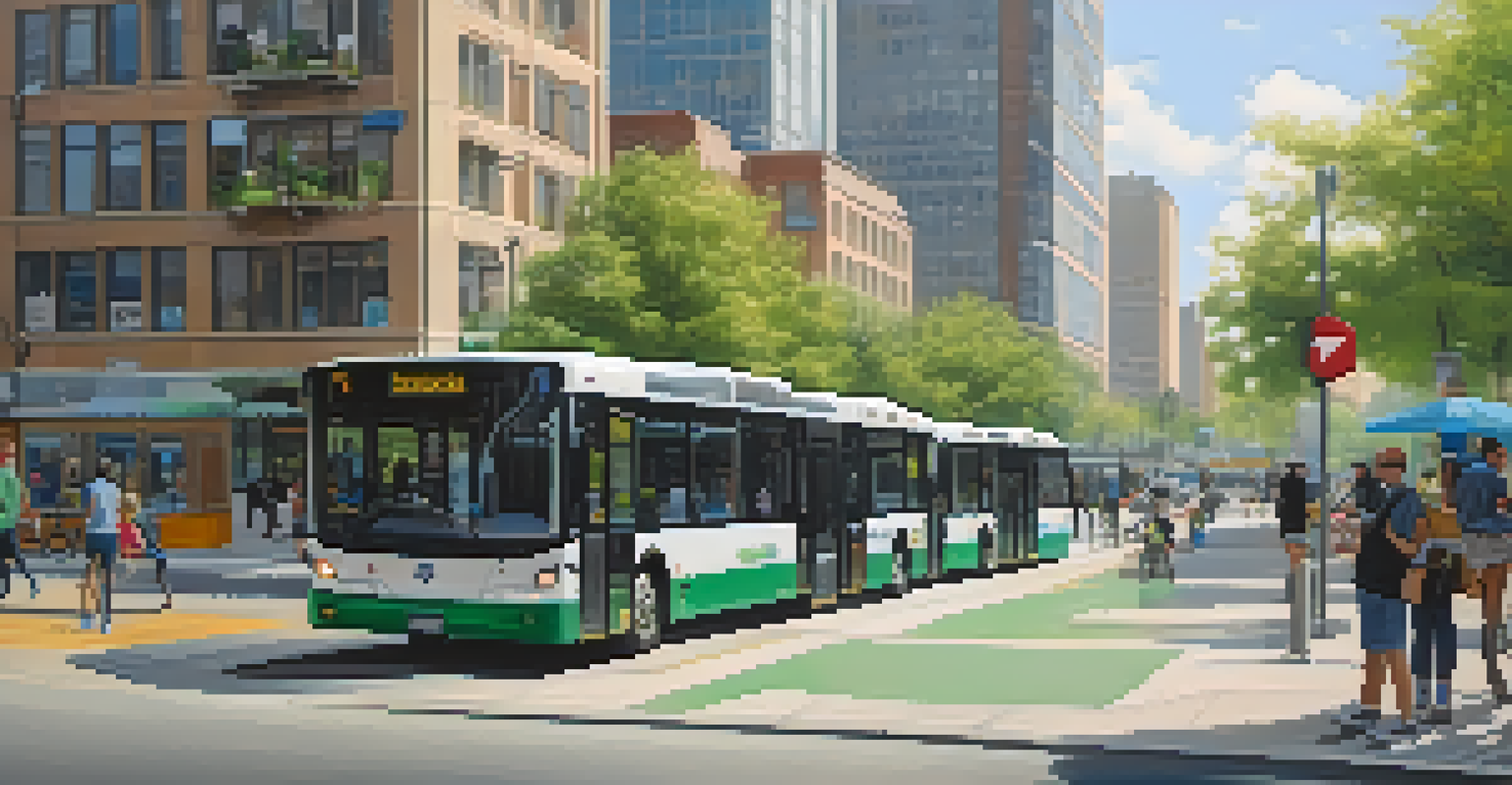 A bustling urban street with modern buses and bikes at a clean bus stop, and people interacting with their smartphones.