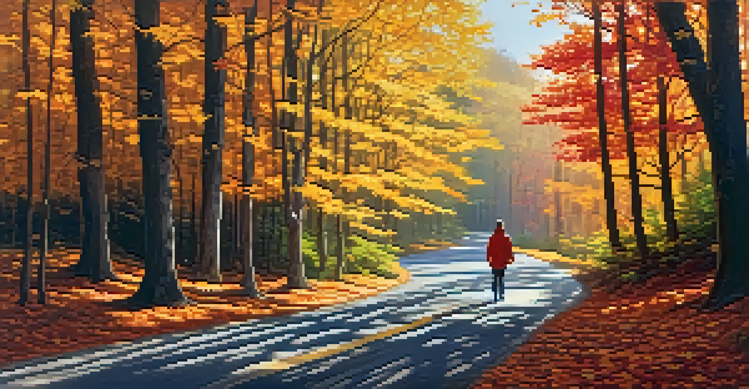 A winding road through a vibrant autumn forest with colorful trees and sunlight creating a dappled effect on the path.