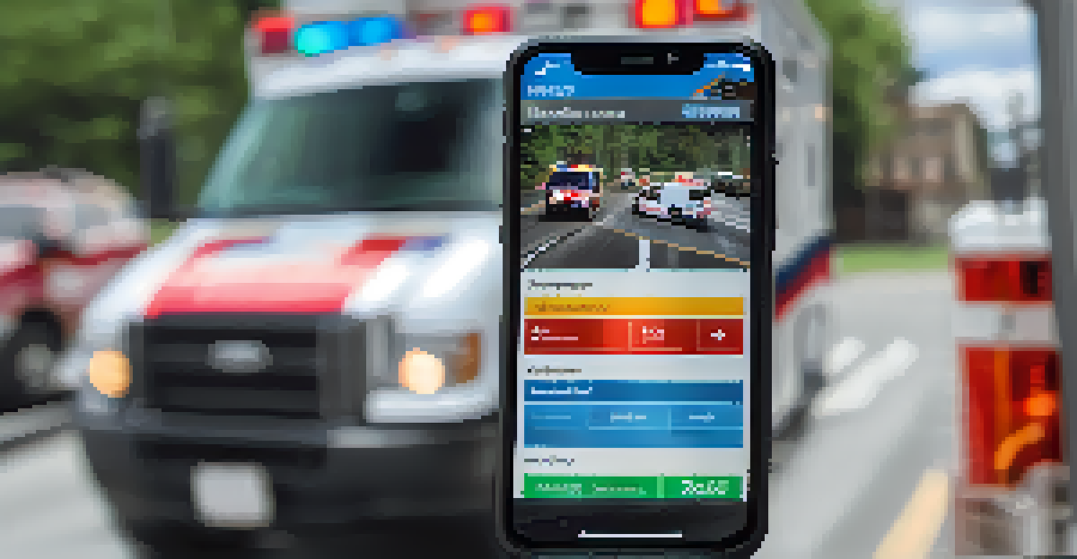 A smartphone displaying a mobile app for tracking marijuana-related incidents with an emergency vehicle in the background.