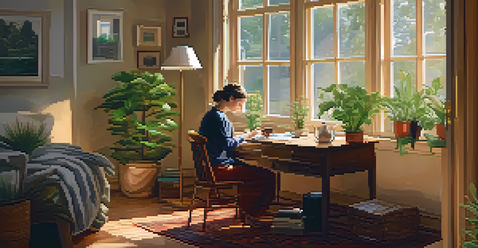 A person writing in a journal at a desk, with tea and plants in a warm, cozy home office.