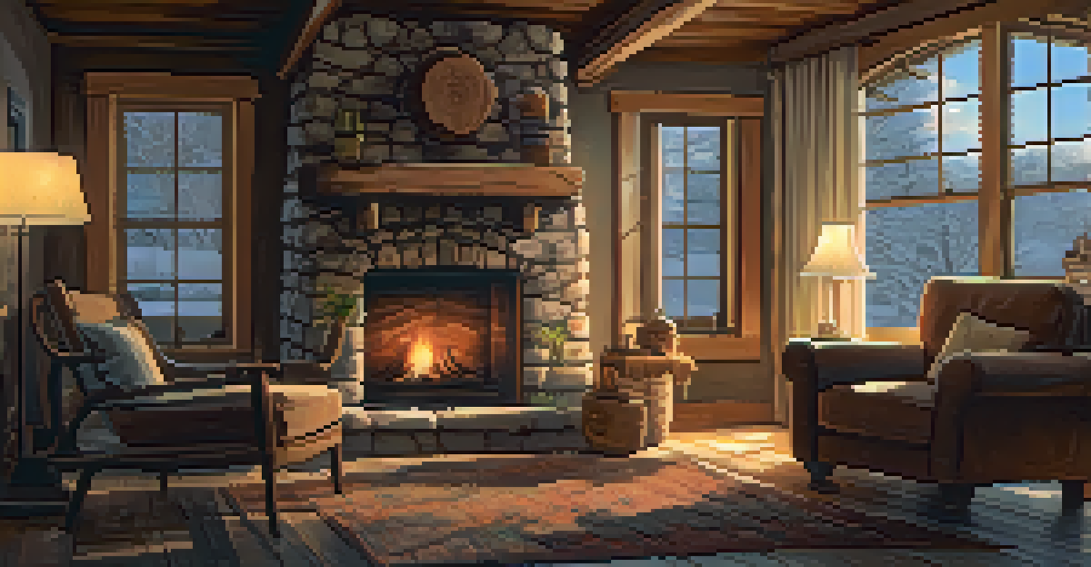 A rustic living room with a fireplace, wooden beams, and cozy armchairs, creating a warm and inviting ambiance.
