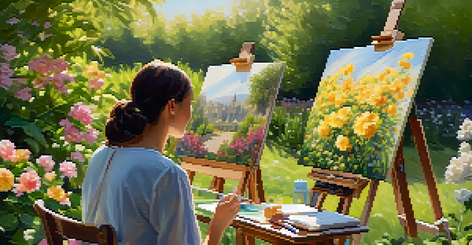 Individuals painting in a lush garden during an outdoor art therapy session, surrounded by blooming flowers.