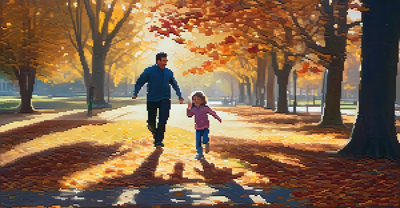 A parent and child playing frisbee in a park during golden hour, with autumn leaves and warm sunlight.