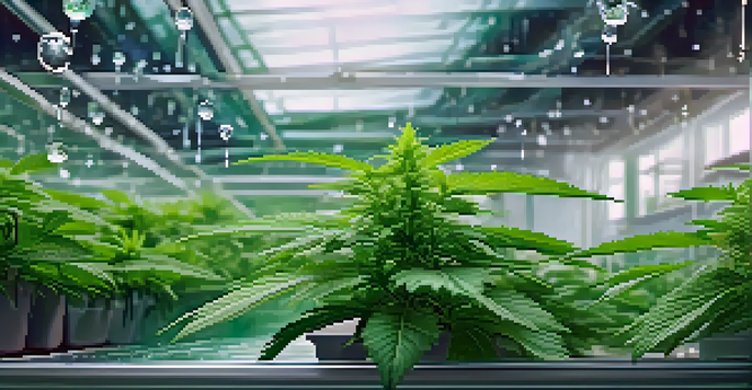 A close-up view of a healthy marijuana plant with water droplets on its leaves, set in a hydroponic garden with soft natural lighting.