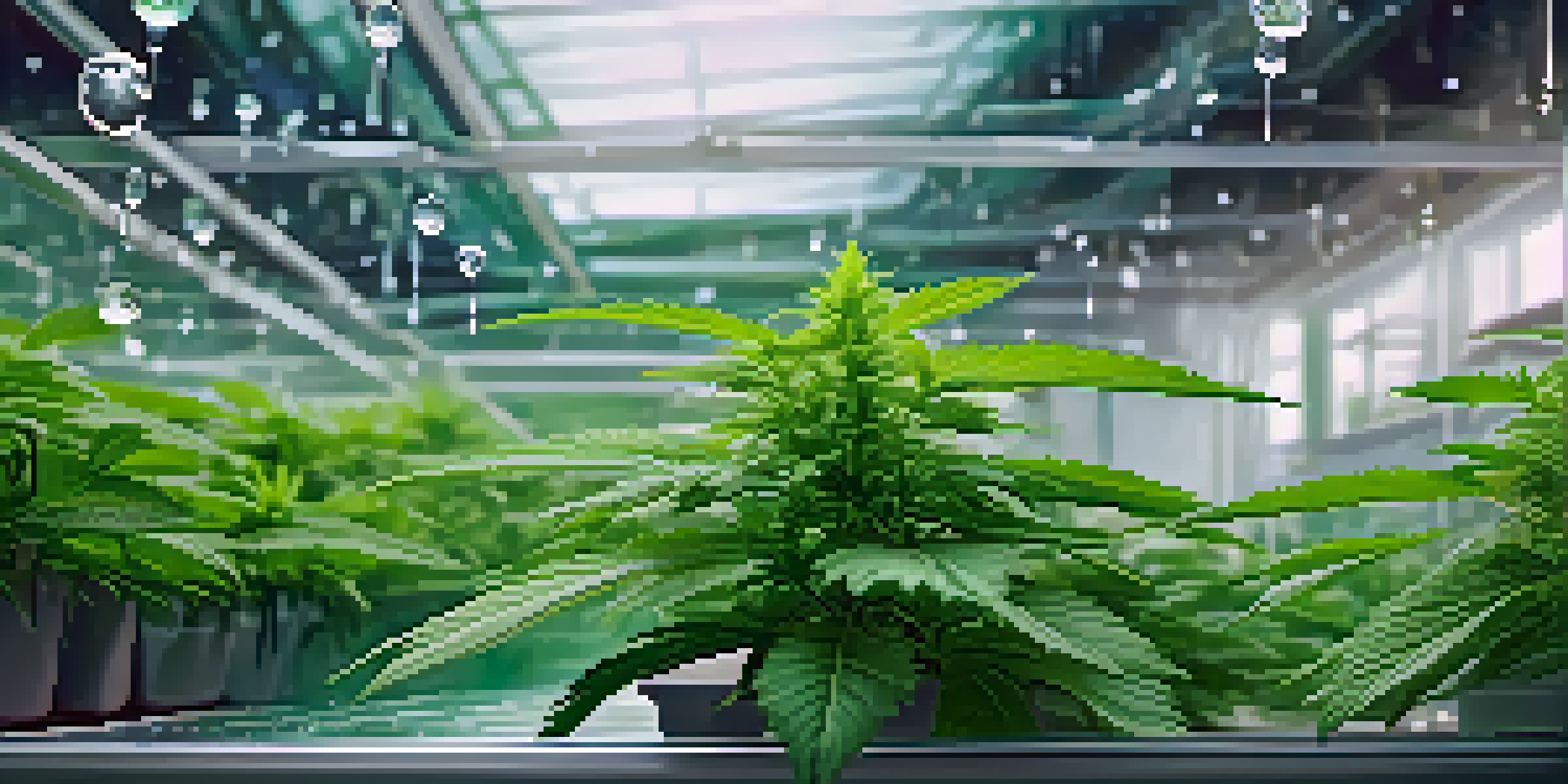 A close-up view of a healthy marijuana plant with water droplets on its leaves, set in a hydroponic garden with soft natural lighting.