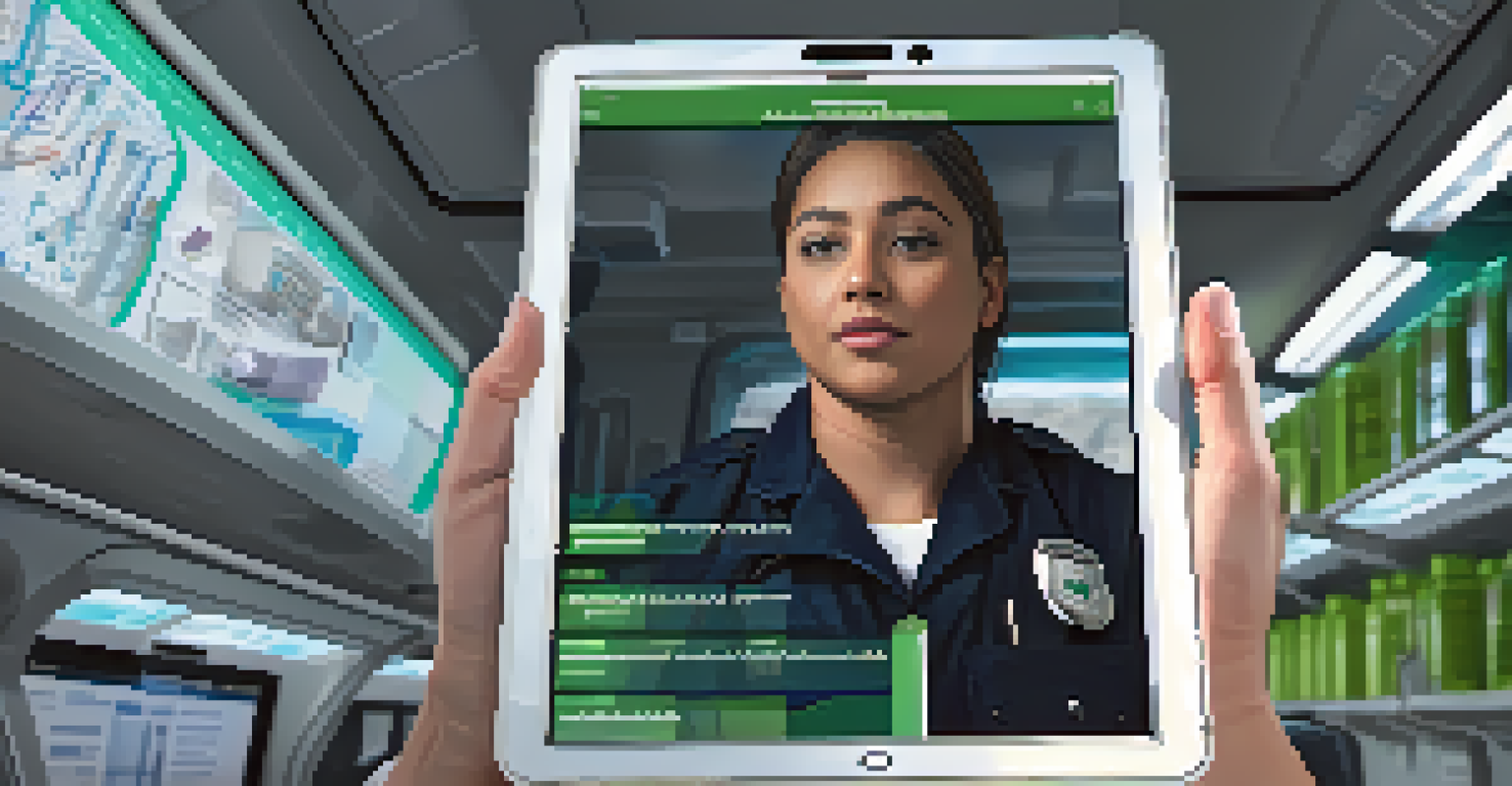 An emergency responder inside an ambulance, studying a tablet about marijuana use, surrounded by medical equipment.