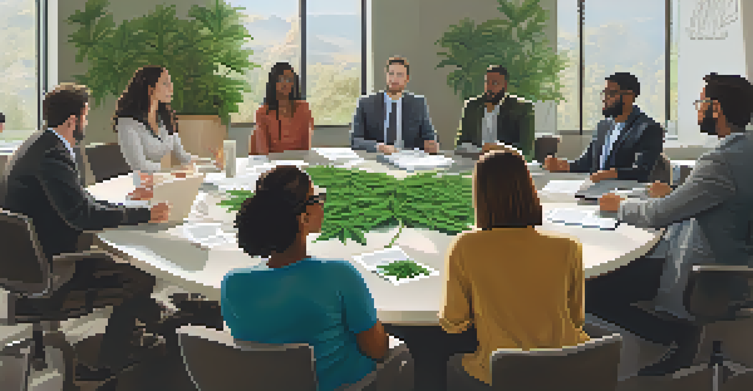 A diverse group of people discussing cannabis regulations in a modern conference room.