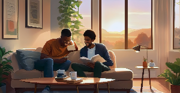 A family living room with a parent and teenager having a relaxed conversation, warm lighting, and a cozy atmosphere.