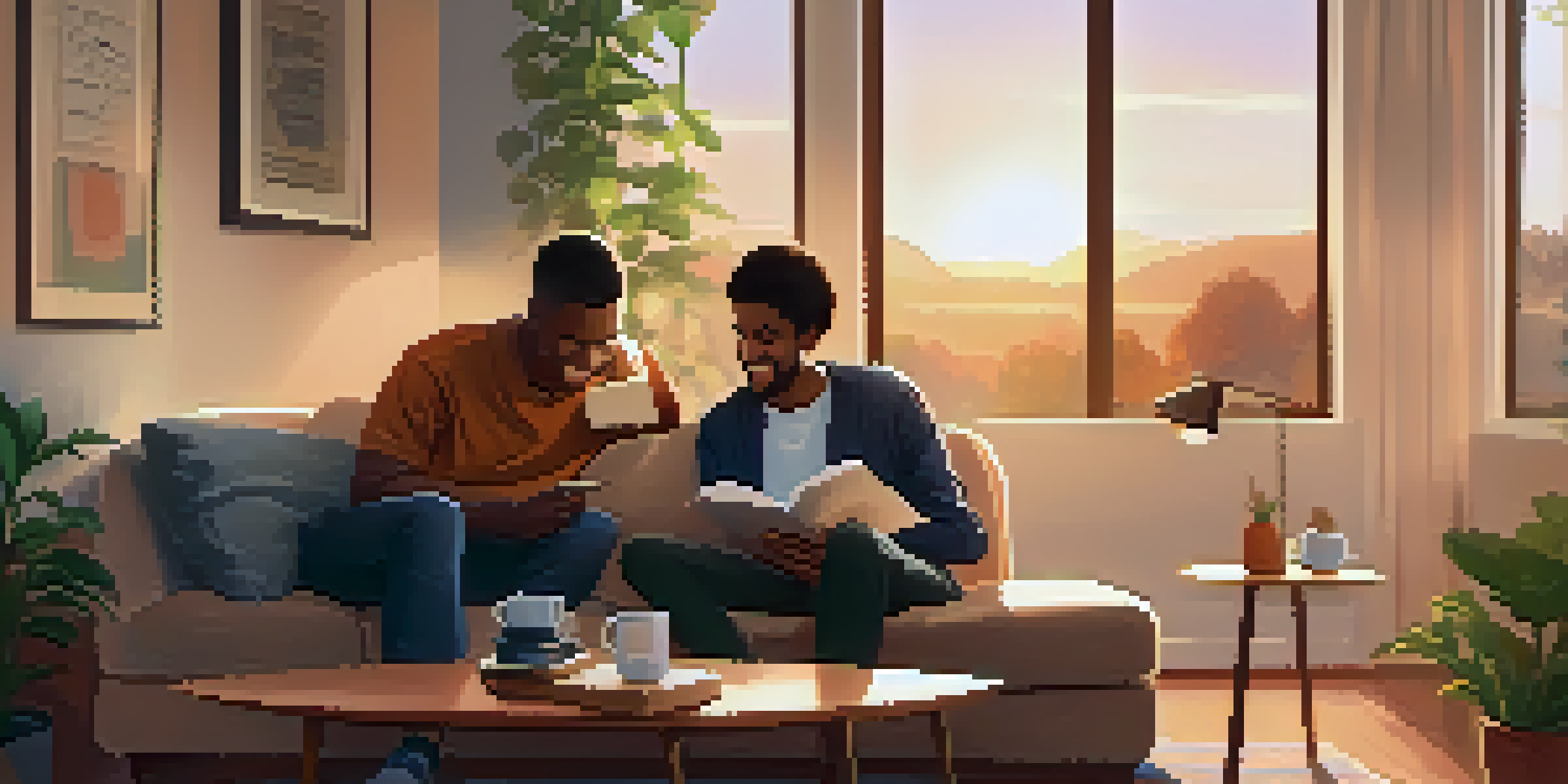 A family living room with a parent and teenager having a relaxed conversation, warm lighting, and a cozy atmosphere.