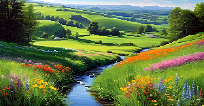 A peaceful landscape with a green field, colorful wildflowers, and a clear stream under a blue sky.