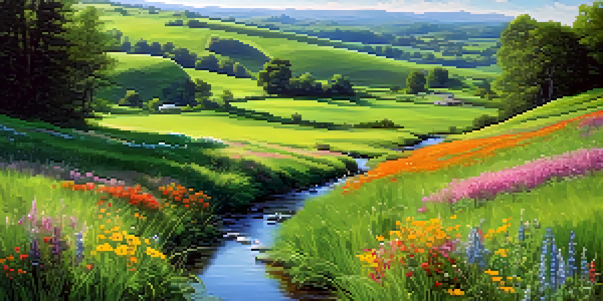 A peaceful landscape with a green field, colorful wildflowers, and a clear stream under a blue sky.