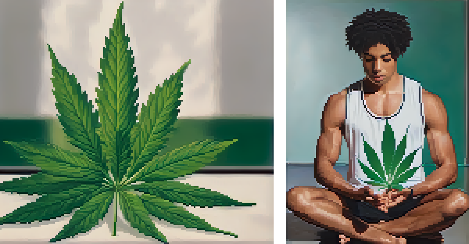 A split image of an athlete training hard on one side and meditating peacefully with cannabis leaves on the other, representing balance in sports.